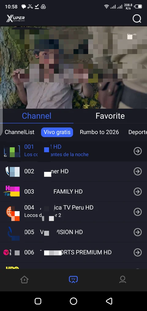 Pantalla principal de Xuper Hydra TV con categorías y lista de canales